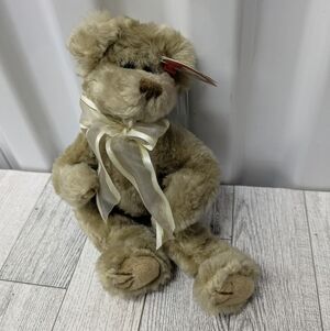 Ty Beverly Plush Bear with Cream Fur and White Ribbon